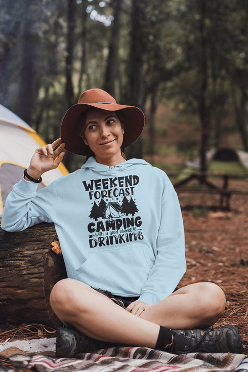 C & Win Sports Weekend Forecast: Camping-With A Good Chance Of Drinking Hoodie Light Blue / S - C & Win Sports